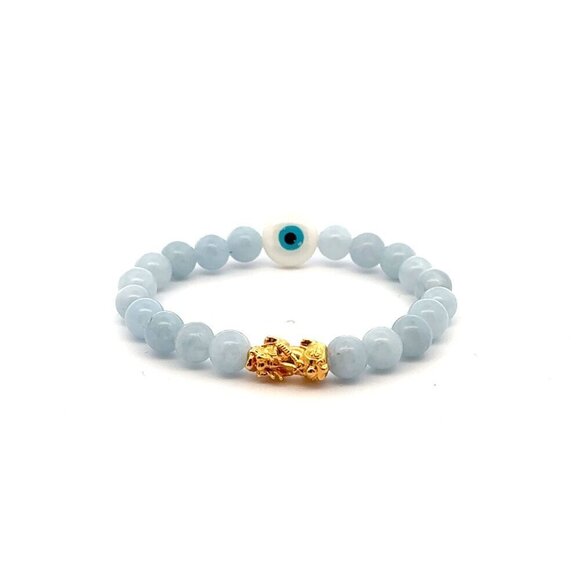 18K Gold Pixiu Piyao Bracelet Natural Gemstones Aquamarine 6mm Evil Eye MOP